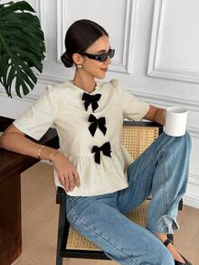 Blusa casual de mujer con rayas y lazo, Blusa de manga corta a rayas elegante para mujer, Decoración de lazo negro vintage, Diseño holgado y estilizante con volantes, Camisa color albaricoque, Verano para mujer, Blusa para salir, Playa para mujer, - Albaricoque - Ver 4