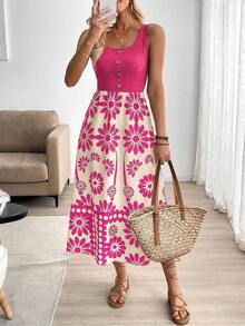 Vestido ajustado sin mangas con estampado de retazos de estilo vacacional para mujer - Rosa - Ver 6