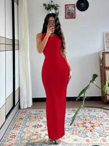 Vestido largo de mujer de vestido de escote con estampado de teñido anudado, vestido de verano largo, vestido largo verde maxi para outfit de mujer - Rojo fuego - Ver 1