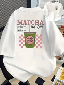 Plus Size Women's Short Sleeve T-Shirt With Matcha Iced Latte Print - Matcha Lettering And Powder, Round Neck, Casual Blouse For Summer, Spring And Iced Latte Lovers - 白色 - 查看 9