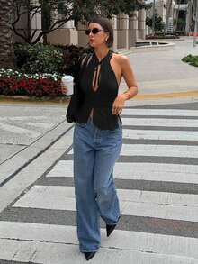 Parte superior sin mangas de mujer con lazo, cuello halter y abertura, chaleco casual - Negro - Ver 8