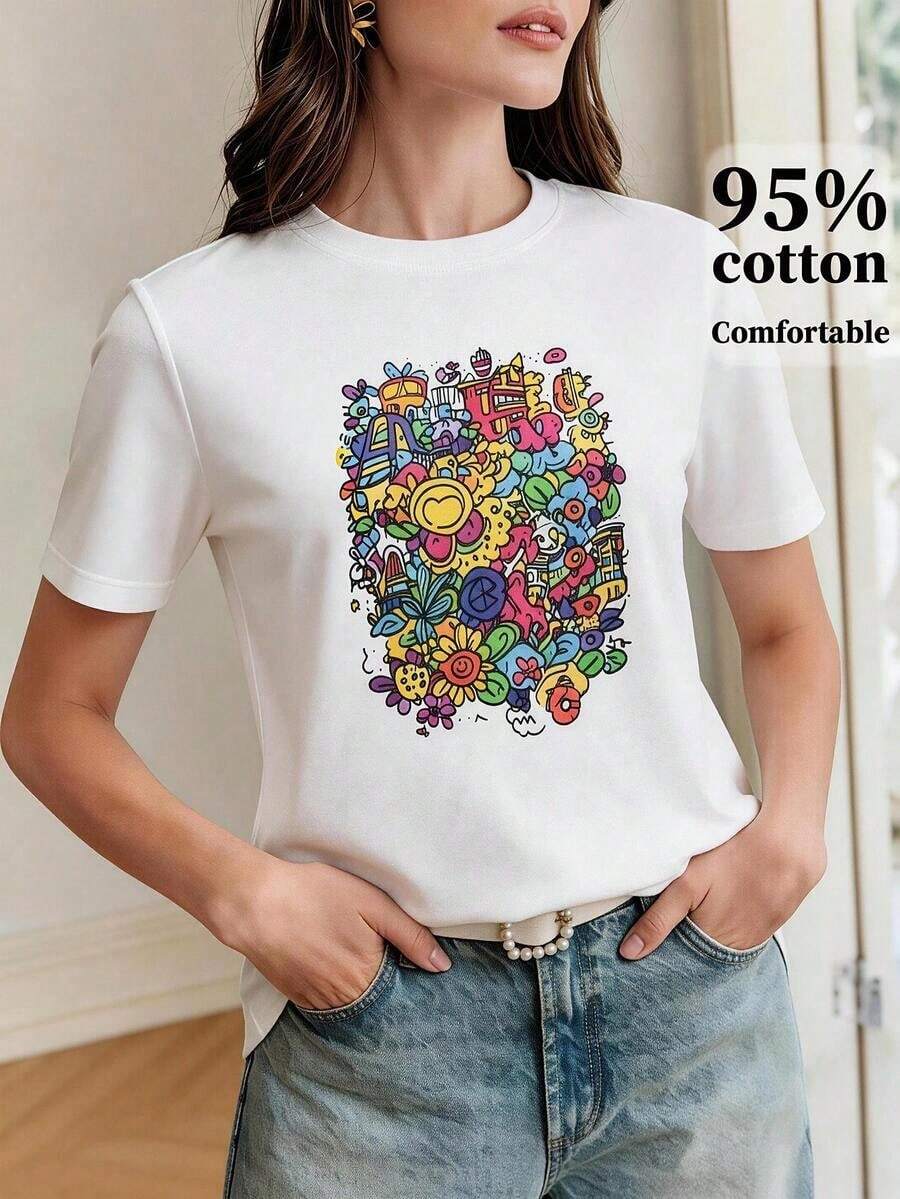 1pscAnewsta Camiseta Estampada Elegante y Divertida para Mujer, Adecuada para el Uso Diario, 100% Algodón - Blanco 5 - Ver 1