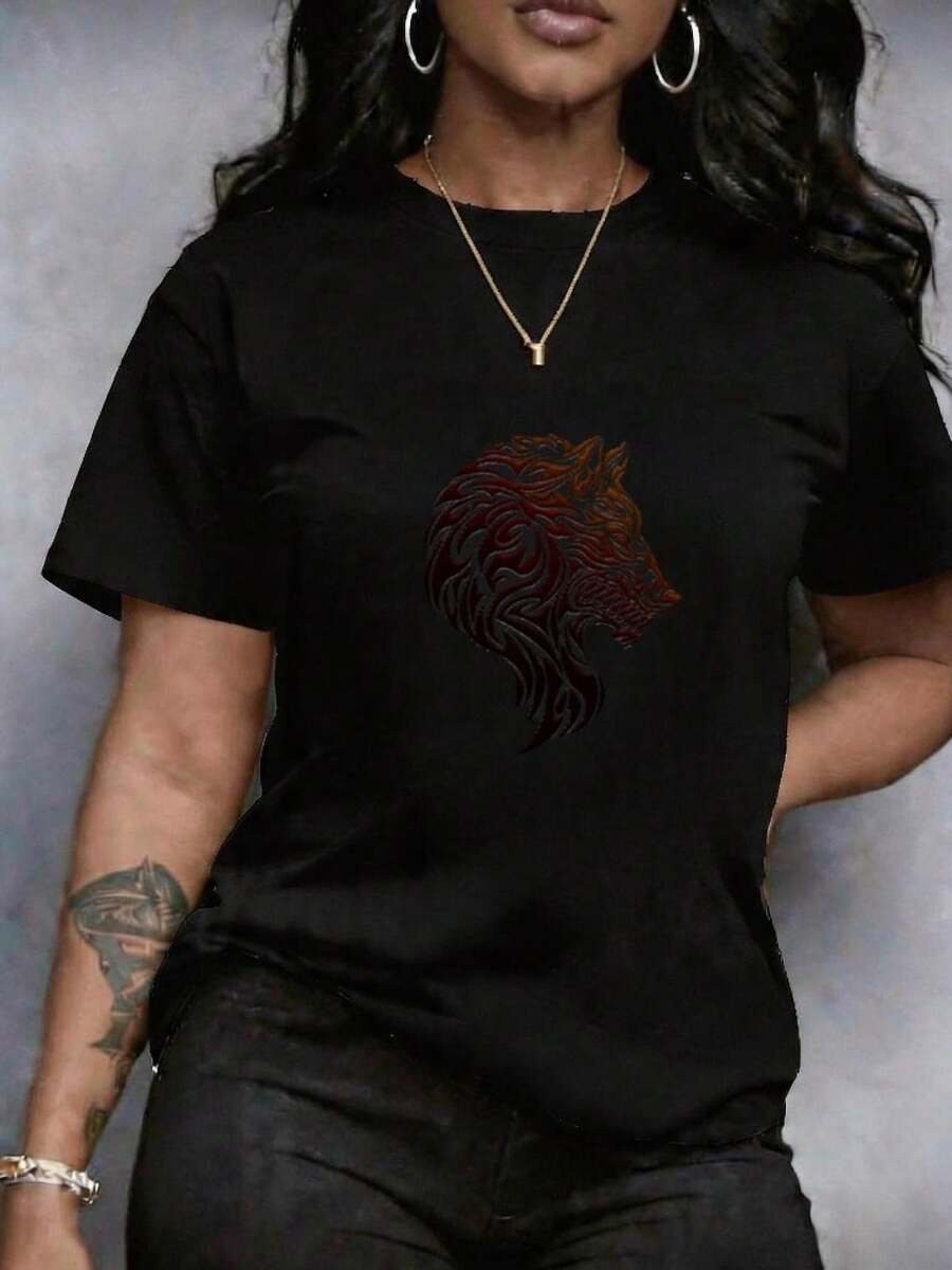 Camiseta para Mujer estampado integral de lobo, estampado de letras, manga corta y cuello redondo, corte holgado, diseño vintage en estilo casual de manga corta y cuello, prenda casual versátil para Uso Casual, cómoda, suave, transpirable, lavable a máquina - Negro - Ver 1