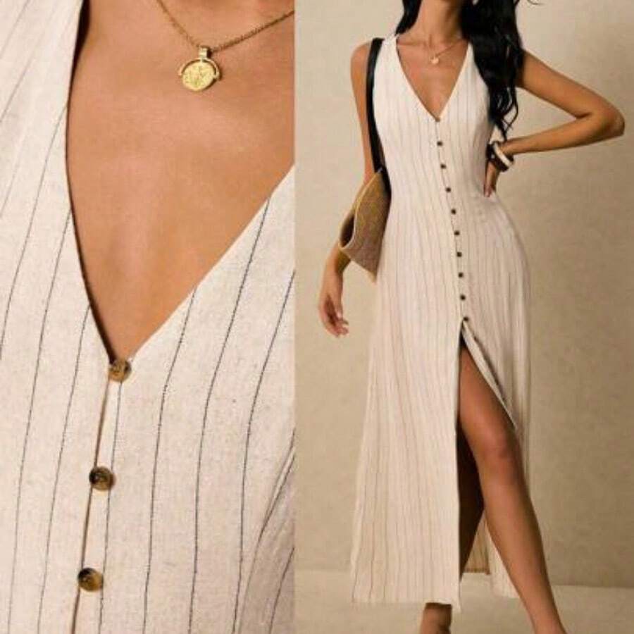 Women's Dresses Linen Dresses Tie Back Waist Button Placket Striped Dress Vest Dress Boho Holiday Women's Sleeveless Striped Dress Casual Vacation Y2k Clothes Country Concert Outfit Old Money Streetwear Going Out Outfits Vintage - Albaricoque - Ver 1