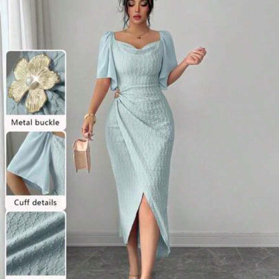 Women's Metal Buckle Color Block Ruffle Collar Petal Sleeve Fitted Elegant Dress, Spring/Summer Dress With Metal Buckle Pink Midi Dress - Verde - Ver 1