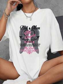 AINO Short Sleeve T-Shirt, 1 Piece, 100% Cotton, Mom And Dad In Heaven Forever, My Angels, Parents Memorial, 220g Thick Cotton, Women's Halloween Printed T-Shirt, 100% Cotton - 白色 - 查看 1