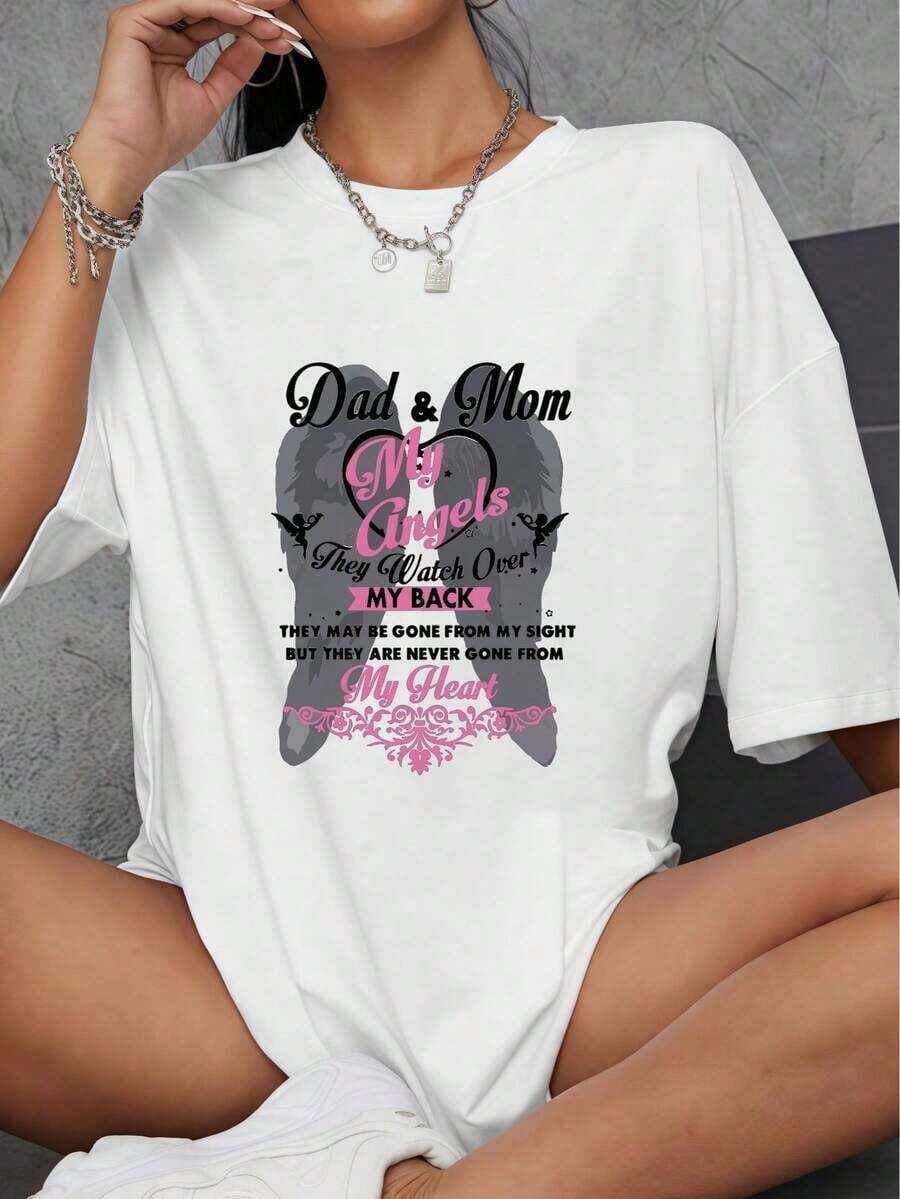 AINO Short Sleeve T-Shirt, 1 Piece, 100% Cotton, Mom And Dad In Heaven Forever, My Angels, Parents Memorial, 220g Thick Cotton, Women's Halloween Printed T-Shirt, 100% Cotton - 白色 - 查看 1
