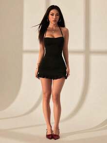 Vestido mini ajustado con escote halter y espalda con lazos para mujer - Negro - Ver 3