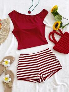 Eduarda Gutierrez  Conjunto de 2 piezas para mujer con top corto de punto a rayas y shorts ajustados de tiro súper bajo, atuendo adecuado para vacaciones, fiestas, Navidad, San Valentín, citas, playa, crucero, carnaval, Pascua, Año Nuevo Chi - Caqui - Ver 7