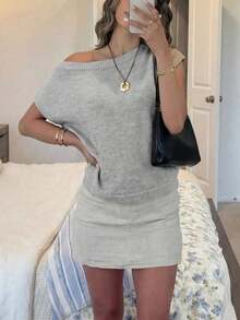 Camiseta holgada de punto acanalado de cuello oblicuo de longitud regular, adecuada para el uso diario, las vacaciones, versátil y cómoda, Moda Primavera/Verano 2026 para Mujer - Gris - Ver 3