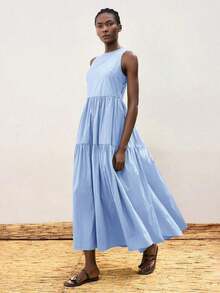 Vestido casual de vacaciones con diseño de volantes escalonados en verde jade, vestido cómodo con cuello redondo, división horizontal, parches y fruncidos, atuendo bohemio de playa, elegante vestido de estilo occidental para vacaciones de muje - Azul - Ver 1