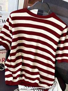 Camiseta de manga corta de cuello redondo a rayas para mujer, de uso versátil y casual para uso diario - Multicolor 3 - Ver 2