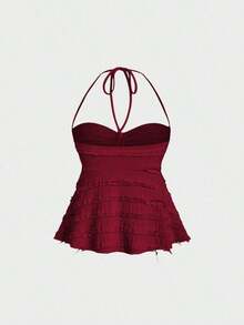 Tops halter con cordón en el busto de color sólido, estilo Y2K para mujeres - Burdeos - Ver 2