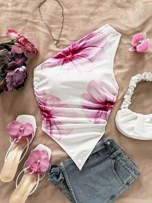Blusa de estilo vacacional minimalista y casual con estampado floral rosa para mujer, adecuada para el verano - Multicolor 3 - Ver 5