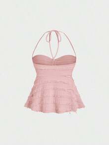 Tops halter con cordón en el busto de color sólido, estilo Y2K para mujeres - Rosa - Ver 2