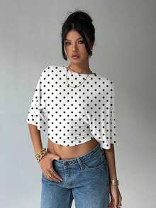 Blusa de verano para mujer con diseño de manga murciélago, cuello redondo, fruncido y estampado floral de tinte de agua en tonos cálidos, ideal para playa/vacaciones, un look casual, minimalista y elegante - Blanco y Negro - Ver 7