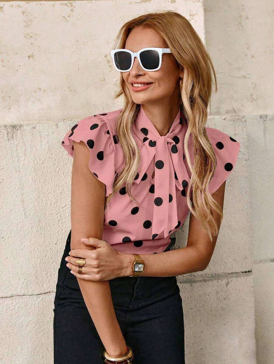Blusa con lazo elegante para mujer, versátil para el trabajo y el uso casual, verano - Rosa - Ver 1
