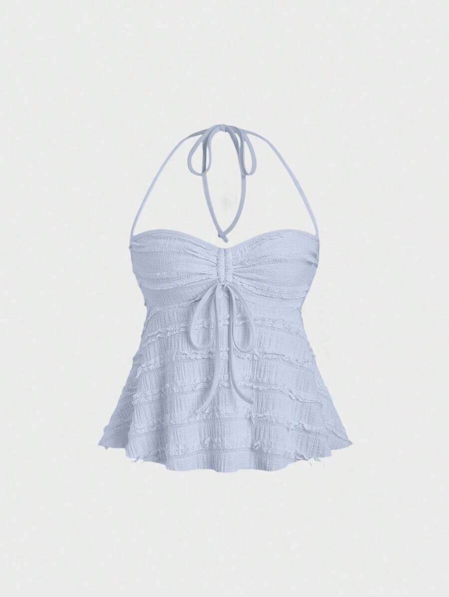 Tops halter con cordón en el busto de color sólido, estilo Y2K para mujeres - Azul - Ver 1