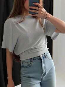 Camiseta blanca casual de mujer de cuello redondo y manga corta, holgada - Gris Claro - Ver 4