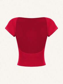 Camiseta casual de mujer de cuello de pico, manga corta y ajustada, versátil - Rojo - Ver 7