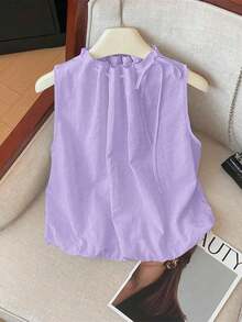 Blusa blanca elegante sin mangas, de cintura elástica y cuello suelto con cordón, de tejido texturizado, para mujer, para primavera/verano.Blusas y tops para mujer de cuello cerrado, blusas casuales y modernas para el verano - Púrpura malva - Ver 8