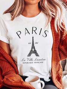 T-Shirt, France Eiffel Tower Print T-Shirt, 100% Cotton Heavyweight T-Shirt. With A Maosa Print, Suitable For Girls And Women, Short Sleeves And Round Neck, Inspirational T-Shirt, Aesthetic And Cute Summer Top, Suitable For Casual Wear, Family, Daily Work - 白色 - 查看 1