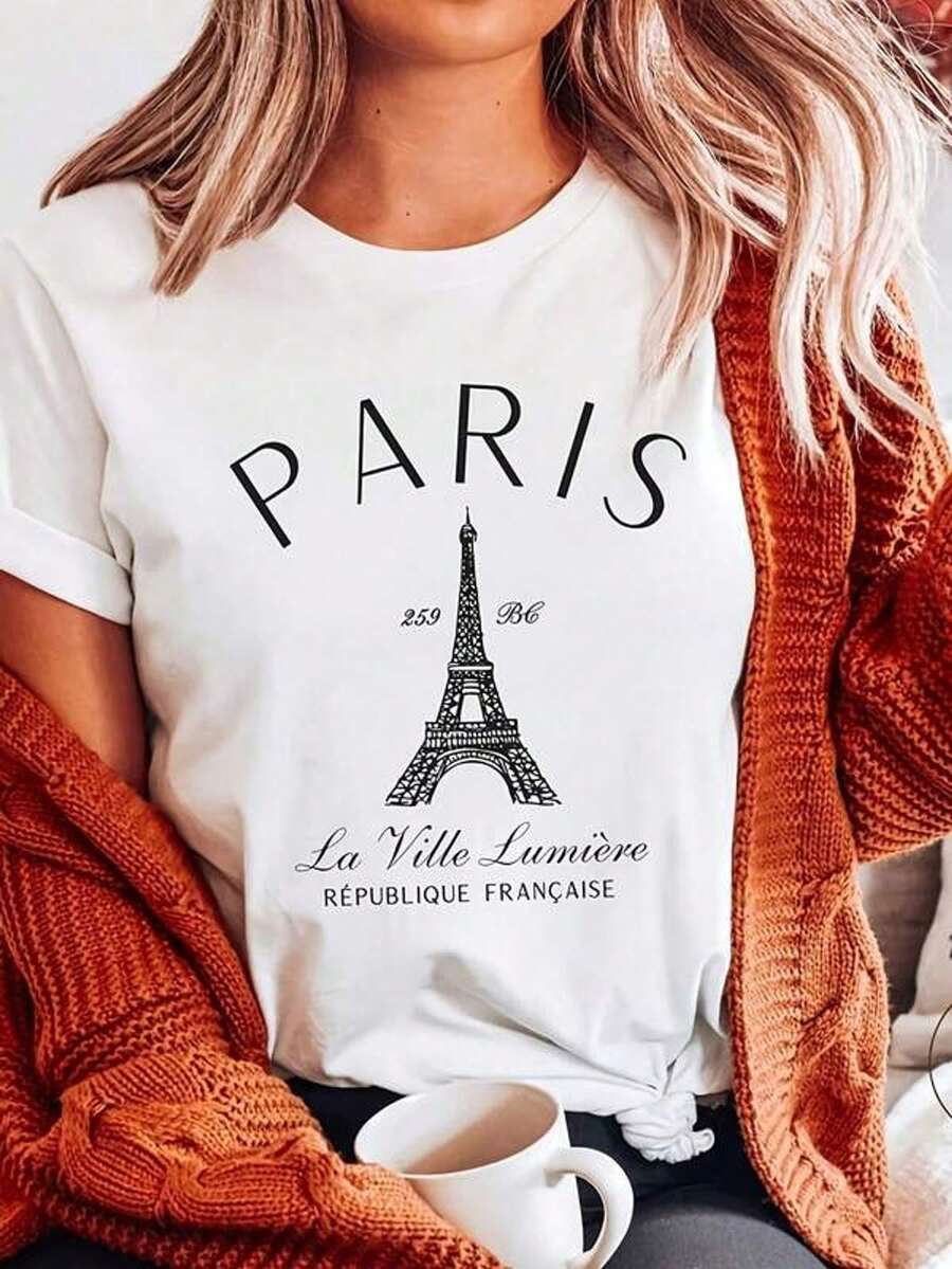 T-Shirt, France Eiffel Tower Print T-Shirt, 100% Cotton Heavyweight T-Shirt. With A Maosa Print, Suitable For Girls And Women, Short Sleeves And Round Neck, Inspirational T-Shirt, Aesthetic And Cute Summer Top, Suitable For Casual Wear, Family, Daily Work - 白色 - 查看 1