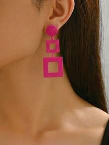 1 Pair Classic Simple Geometric Multi-Layer Square Earrings - Hot Pink - View 2
