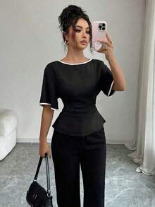 Camisa casual de mujer con ribete de contraste en la cintura y manga corta, para verano - Negro - Ver 7