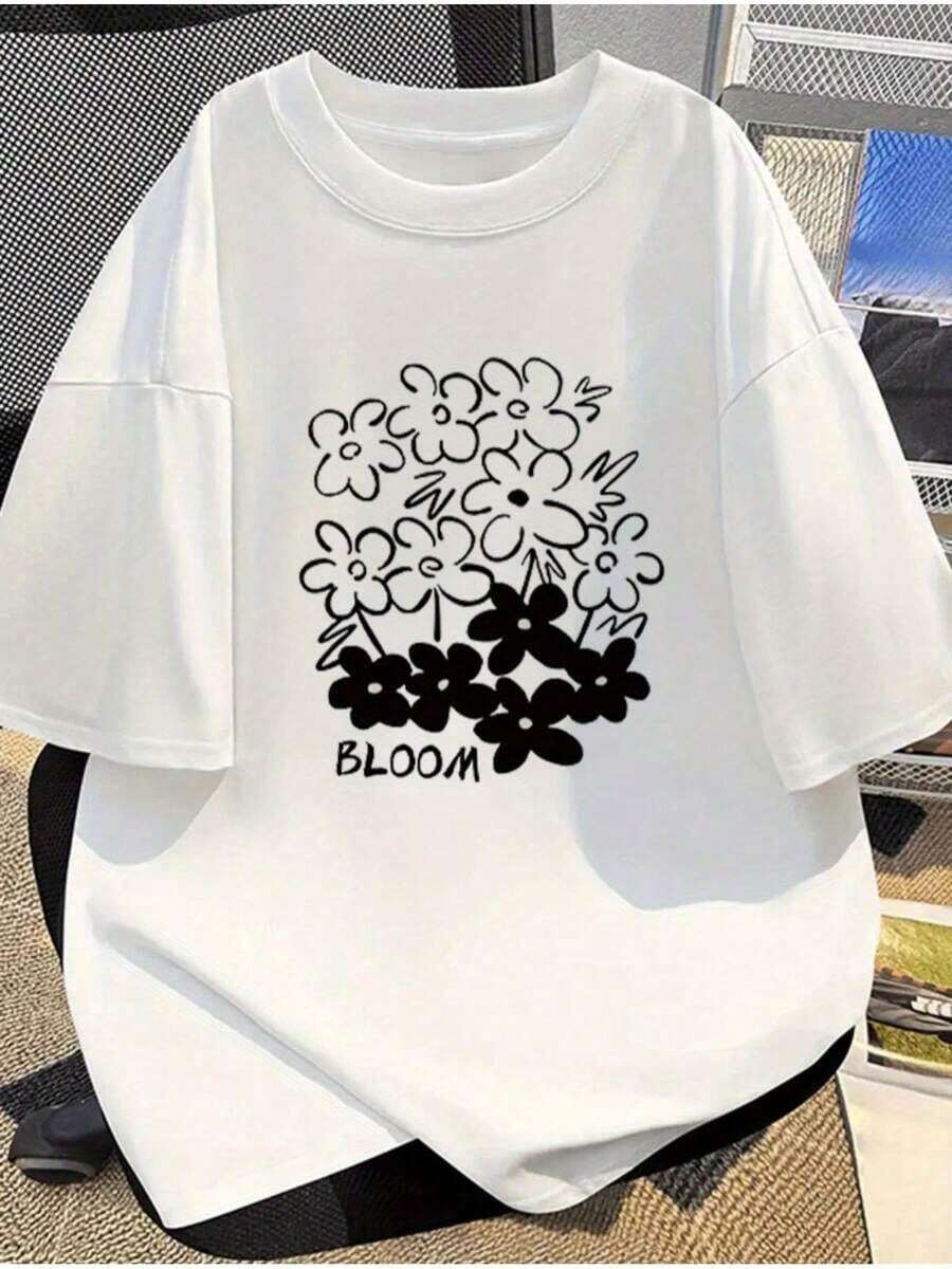 Simple And Versatile Design, White Floral Print And Cartoon Style, American Style, Fashion Brand, Casual Fit And Loose Fit, Versatile Short-Sleeved T-Shirt For Everyday Wear, Cotton T-Shirt. Suitable For Spring, Summer And Autumn. - 白色 - 查看 1