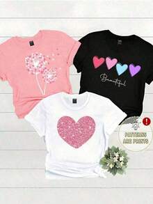 Single Garment T-Shirt, Not A 3-Piece Set, 1 Piece/Set Of Short-Sleeved T-Shirts Suitable For Streetwear, Top Oversized Round Neck Daily Outings, Camping, Concerts, Hip-Hop, Rock, And Rap Events, Short-Sleeved Round Neck For Women, Printed With Dandelion And Heart Motifs, With The Word "BEAUTIFUL" Printed, Suitable For Summer. - 白色 - 查看 7