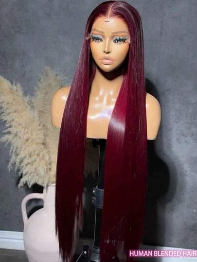 30 Inch 13x4 Straight Lace Front Wigs Human Frontal Hair 200% Density Pre-Plucked Hairline HD Transparent Lace No Shedding Natural 99j Burgundy Blended Hair Suit For Women Daily Party Wedding Birthday Use, Halloween