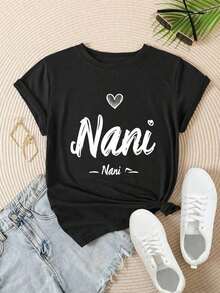Camiseta Casual de Moda para Mujer con Diseño de Escritura Heart Nani Nani, Adecuada para Todas las Temporadas  
 -Blanco - Negro - Ver 2