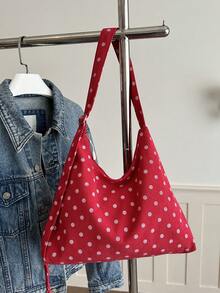 Polka Dot Tote Bag, Large Capacity Canvas Shoulder Bag, Casual Lightweight Women's Shopping Bag, Daily/Travel/Work Use - Red - View 10