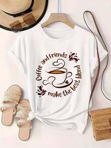 Women's Casual Short-Sleeve T-Shirt - "Coffee And Friends Make The Best Mix", Crew Neck, Summer Top, Machine Washable, Ladies' T-Shirts, Casual Wear, Modern Style, Comfortable Fit

-White - 白色 - 查看 2