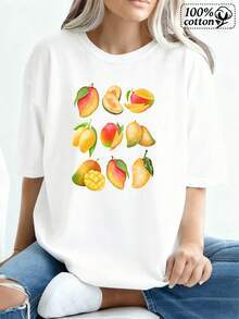 Fashionable Women's T-Shirt | White Front Fruit Print | Comfortable Casual Wear For Everyday Outings And Summer Style | Everyday Wear For Sweet Girls Or Students | Cool And Sweat-Free Summer Clothing | Elegant Party Outfit | T-Shirt For Stylish Ladies | Blouses Suitable For Curvy Women - 白色 - 查看 7