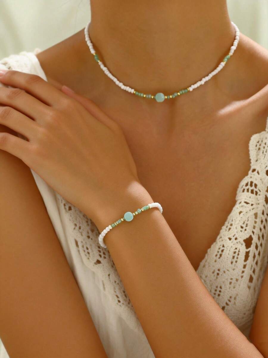 2pcs/Set Bohemian Beaded Necklace & Bracelet Set, Suitable For Daily, Casual, Outing, Beach Vacation Wear, Summer Jewelry Gift For Women - Green - View 1