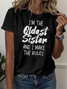 Elegant Women's Casual Sport T-Shirt, Round Neck, With The Phrase "I'M THE OLDER SISTER AND I SET THE RULES", Big Sister Authority, Family Clothing, Casual For Parties, Sister's Day Theme, Rules Declaration Text, Sister, Leadership, Comfortable T-Shirt For All Seasons, Chic And Fashionable T-Shirt - 黑色 - 查看 7