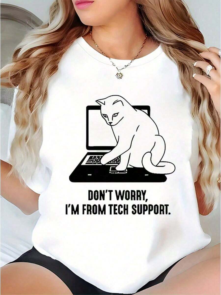 1 Piece Women's Botanical Print Cotton T-Shirt, Cool, Breathable, Natural Casual Style, Round Neck, Short Sleeve, Funny IT Cat Tech Support Print T-Shirt For Women - Soft, Loose, Casual, Everyday Wear, Short Sleeve, Machine Washable, Black T-Shirt With "Don't Worry, I'm Tech Support" Print - Perfect Gift For Programmers, Office Workers, And Cat Lovers, Comfortable Cat-Themed T-Shirt For Women, Ideal For Everyday Wear In Summer And On Vacation. - 白色 - 查看 1