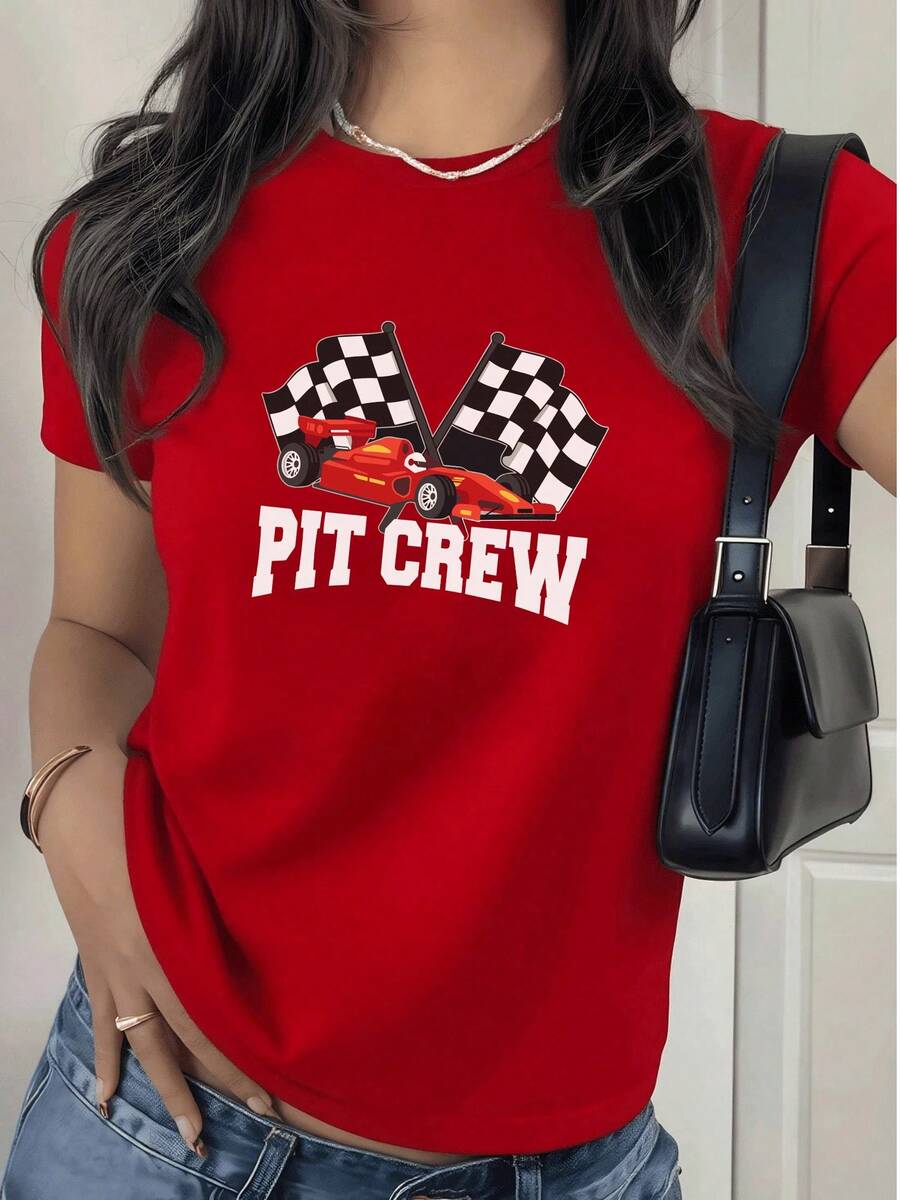 Summer Women's Printed T-Shirt With Racing Car And Flag Design, 220g, Ideal For A Casual And Modern Look. Fashion All-Match Women's Short Sleeve T-Shirt, Basic Style For Inner & Outer Wear - 紅色的 - 查看 1