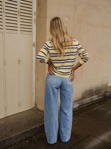 Top de punto con cuello polo a rayas para mujer, suéter de manga larga estilo vintage americano de otoño, adecuado para volver a la escuela, uso diario y streetwear - Amarillo - Ver 11