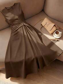 Vestido amarillo plisado sin mangas de verano para mujer, vestido elegante - Cafetería - Ver 6