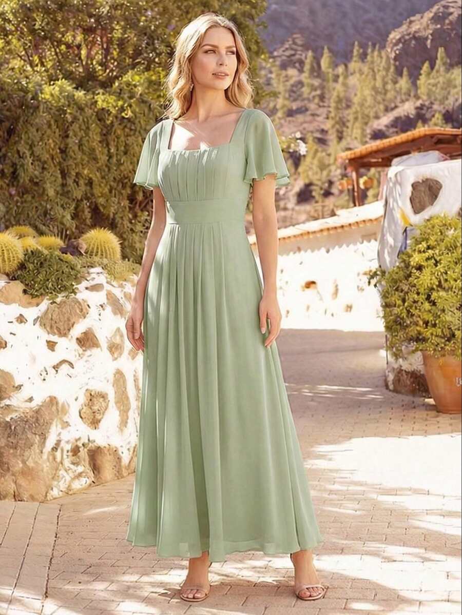 EVERPRETTY 優雅雪紡短袖方領伴娘禮服，秋季婚禮賓客晚禮服，適合海灘度假派對