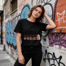 Tops para mujer de Algodón Negra Casual para Mujer con Estampado de Capibara yé de Burbujas, Linda  de Manga Corta con Cuello Redondo, Corte Regular, Estilo Urbano - Negro - Ver 7
