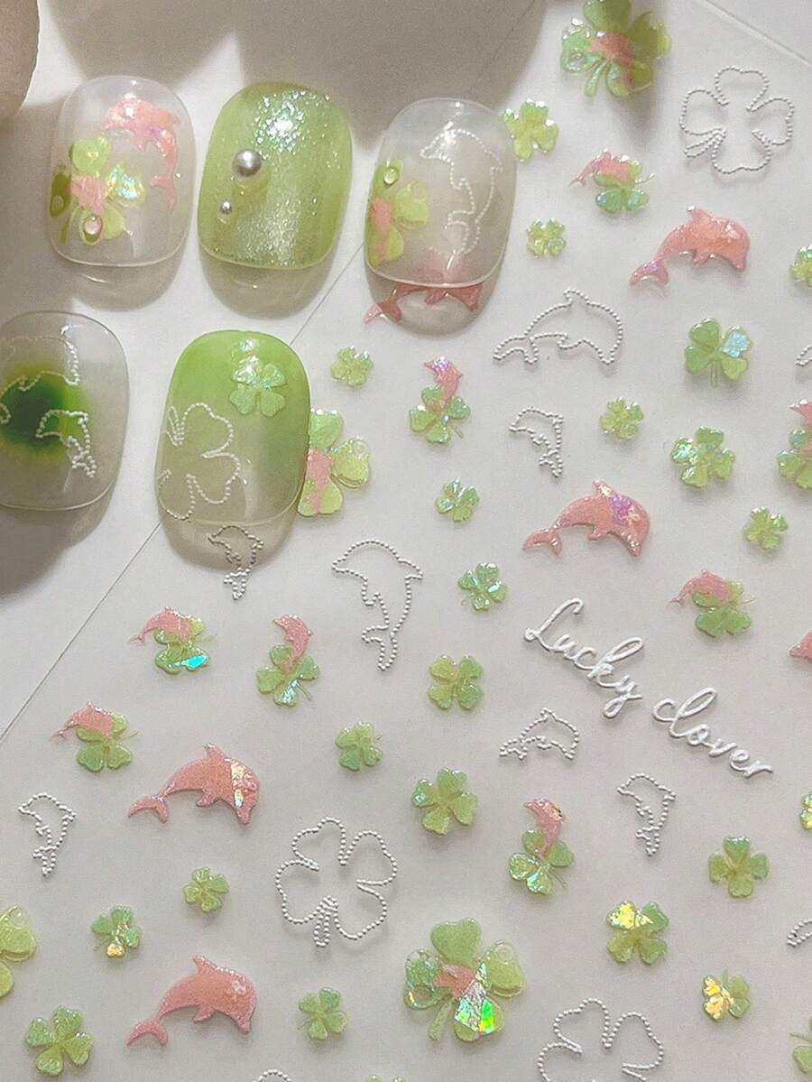1 Sheet Cute Cartoon Dolphin Nail Stickers, Shell Glow Jelly Self-Adhesive Nail Wraps, Summer Lucky Style Nail Decorations - Multicolor - View 1