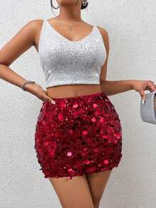 Minifalda ajustada con lentejuelas para ropa de fiesta de vacaciones - Rojo - Ver 3