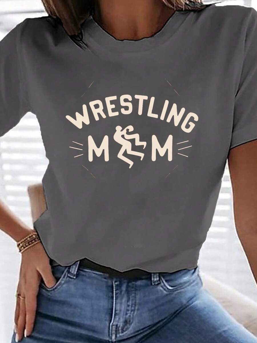 Camiseta con Estampado de Mamá Luchadora, Manga Corta y Cuello Redondo, Ropa Casual de Verano y Primavera para Mujer - Gris Oscuro - Ver 1