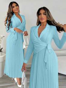 Vestido elegante de oficina y para ir al trabajo con cintura ceñida, estilo de vestido de camisa abotonada y plisada para bodas y eventos, otoño/invierno - Celeste - Ver 12