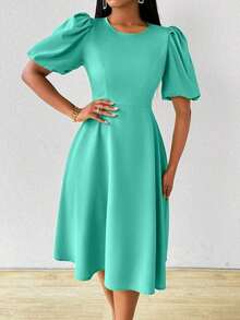 Vestido verde de manga abullonada larga, cuello en V, cintura recogida y bajo acampanado, para primavera y verano - verde menta - Ver 6