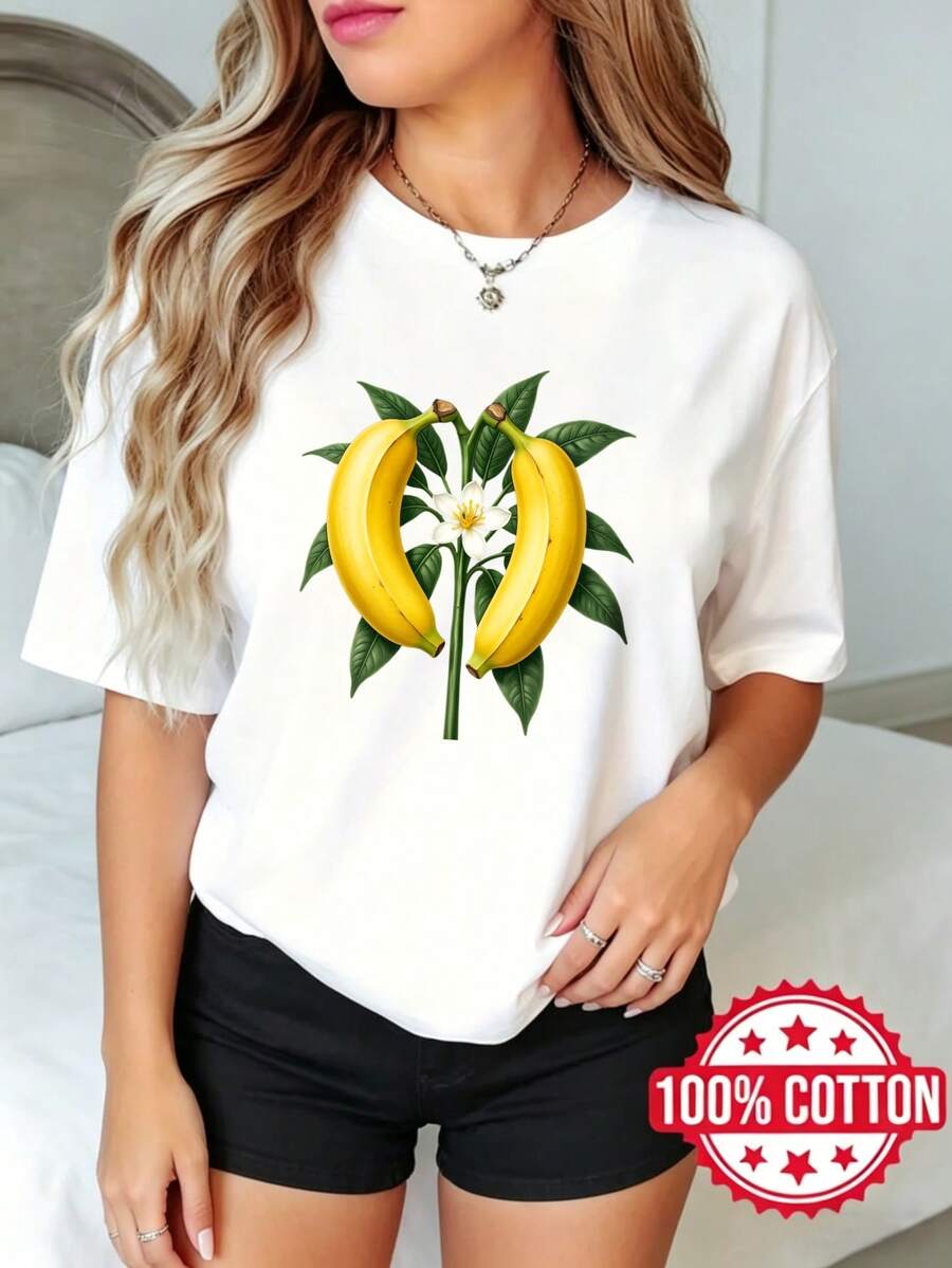 Camiseta estamp de manga corta y cuello redondo para mujer, verano, casual Diseño e Impresión de Pl de Flor de Plátano S-3XL 100% aodón material